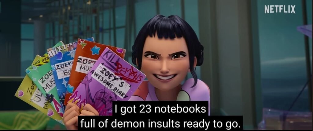 K-pop demon hunters’ Zoe character holding her notebooks of demon insults